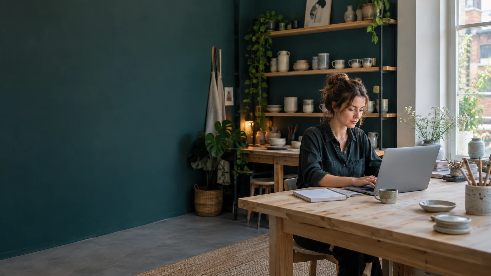 Ondernemer aan het werk op haar laptop in een lichte studio
